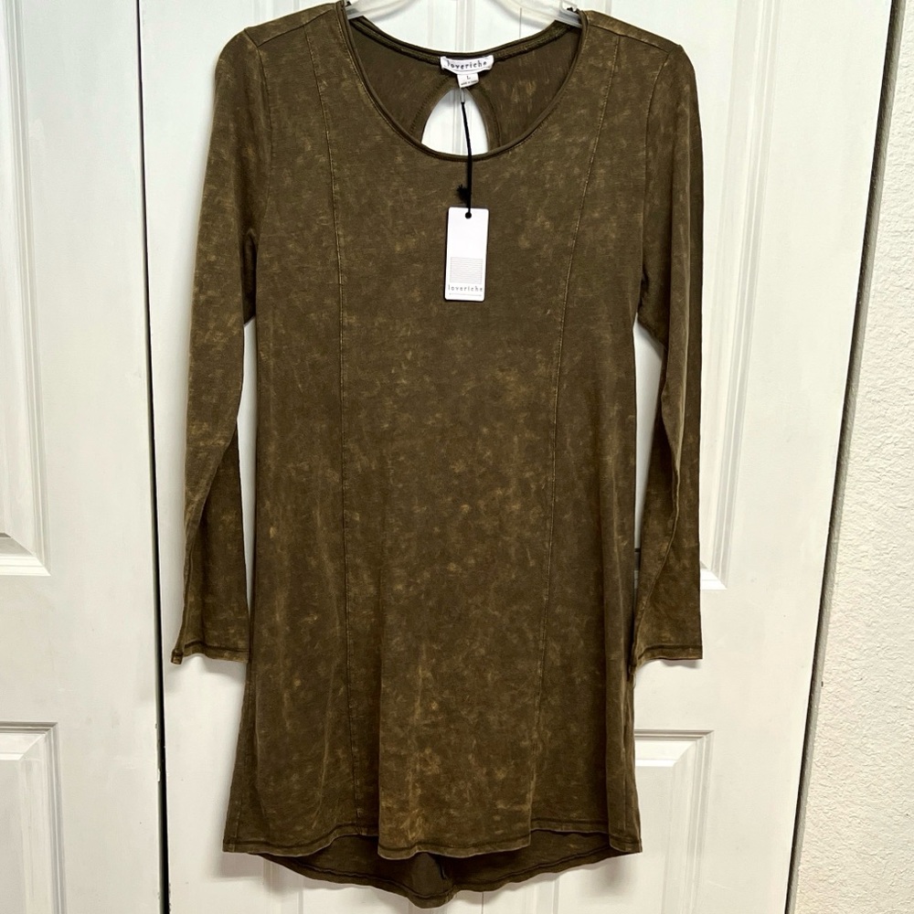 Love Riche Olive Vintage Washed Long Sleeve Dress Size L NWT